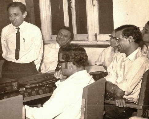 Shri Harkisan Mehta (Centre) Seated with famous author Shri Chandulal Selarka and also firebrand author as well as professor at Mithibai, Shri Chandrakant Baxi